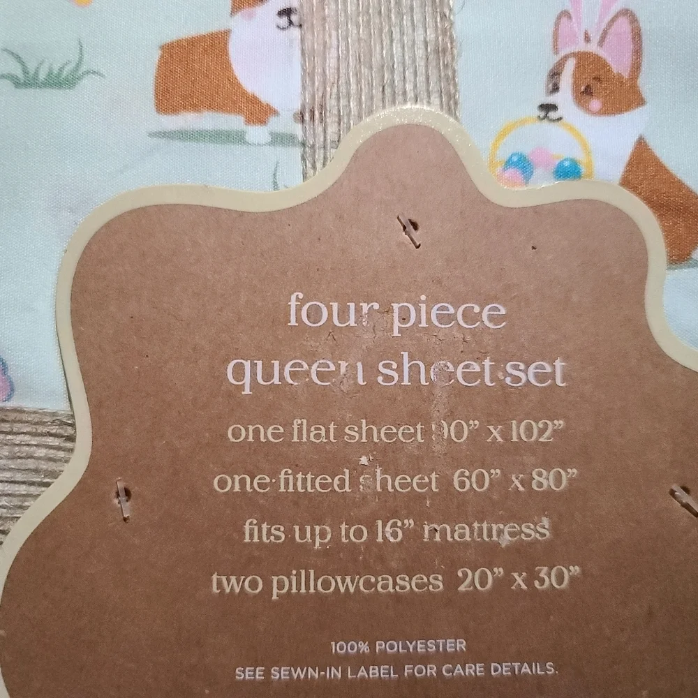 4pc Corgi Dog Easter Bunny Egg Basket Butterfly QUEEN Sheet Set Spring Bed Decor